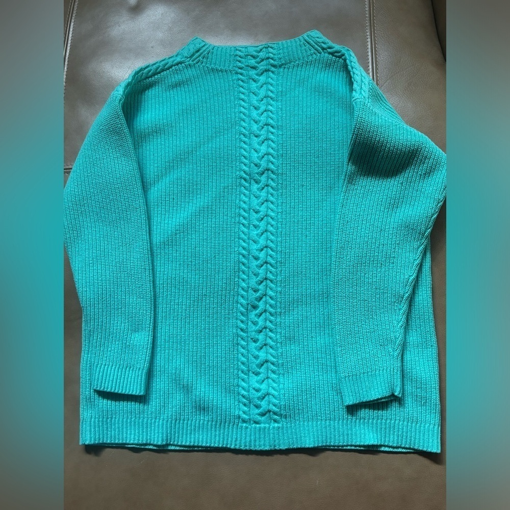 Teal Talbots mock neck cable knit sweater